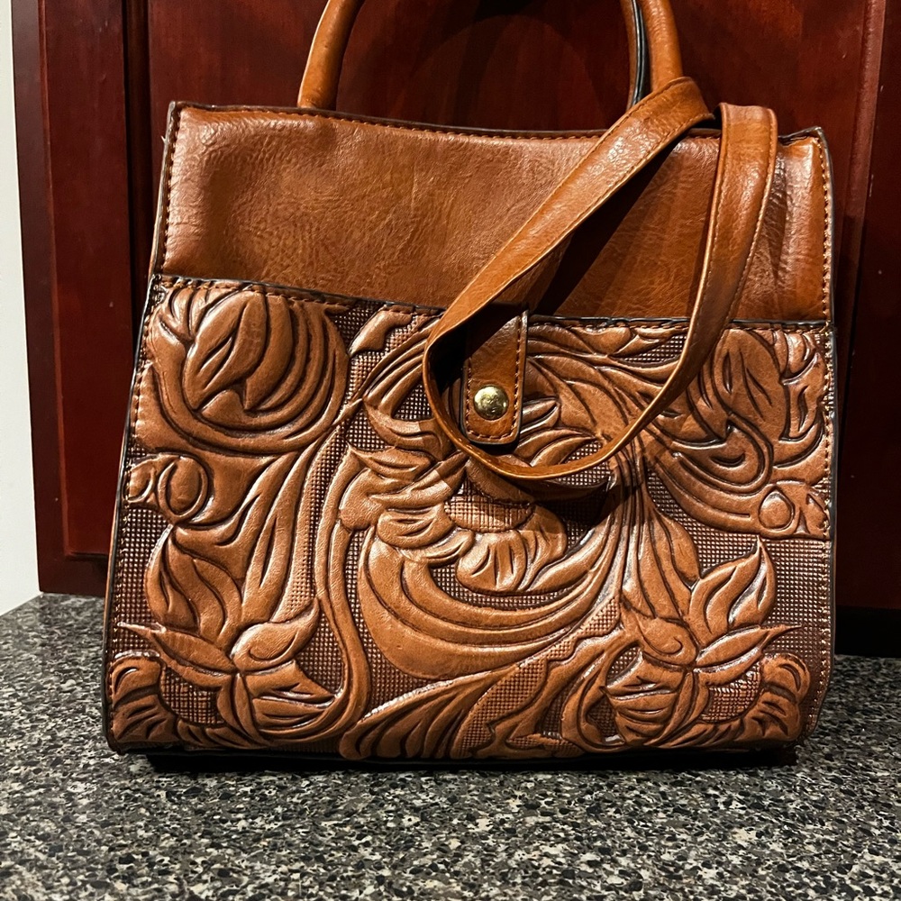 Stylish Embossed Brown Leather Satchel